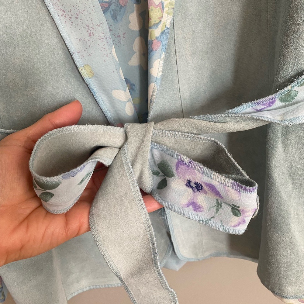 Danier Suede Blazer Light Blue with Floral Lining 
Belted Size M - Picture 3 of 8